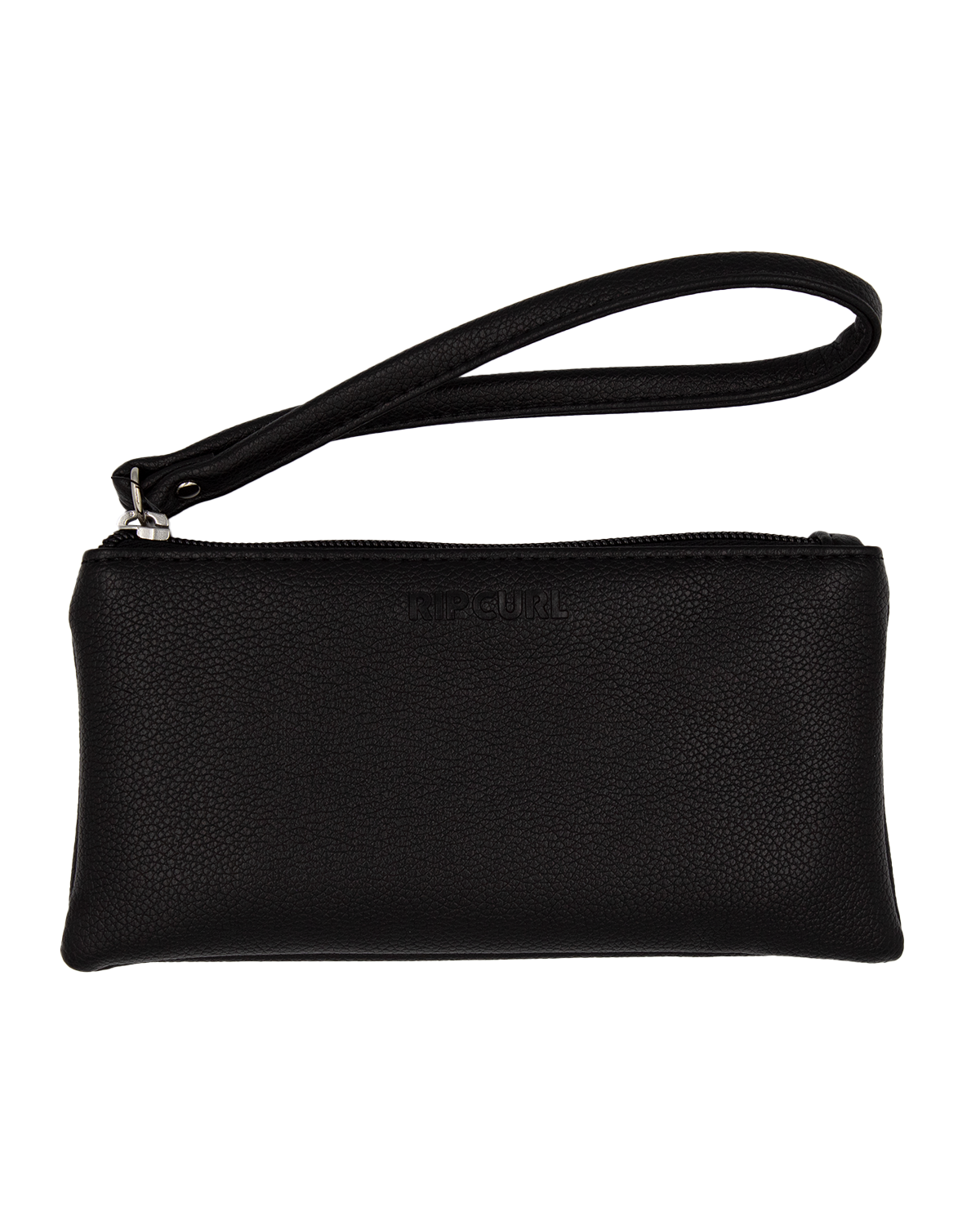 The Rip Curl Essentials Wristlet in black, made from durable faux leather, features a secure, detachable wrist strap and "RIP CURL" subtly embossed on the front. It is shown lying flat on a white background.