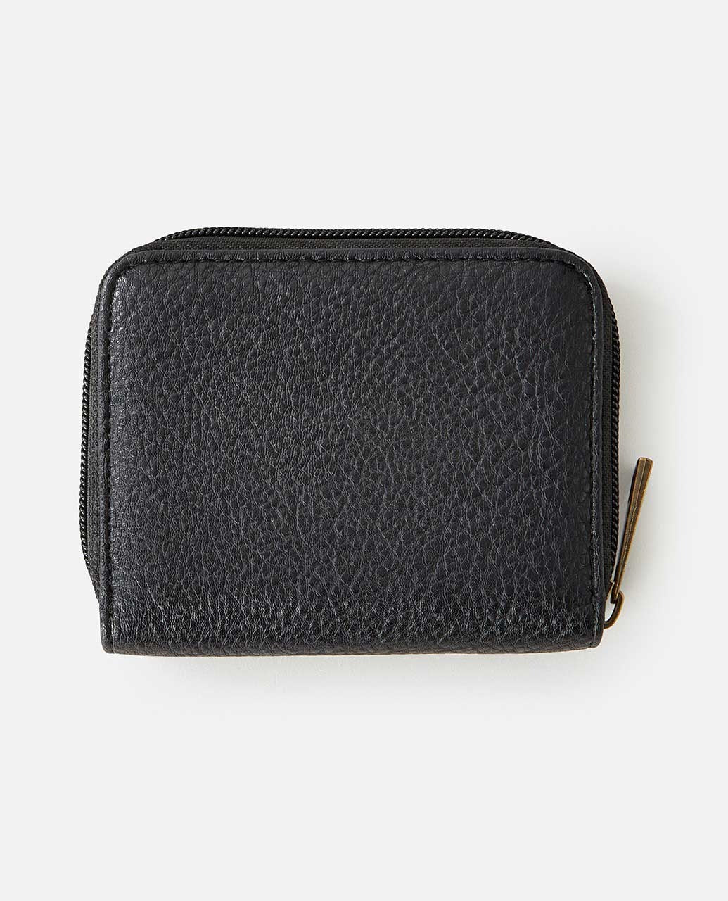 The Rip Curl Wanderer Small Zip Wallet boasts a minimalist design, featuring black leather with a textured surface and a secure zipper closure, elegantly set against a white background.