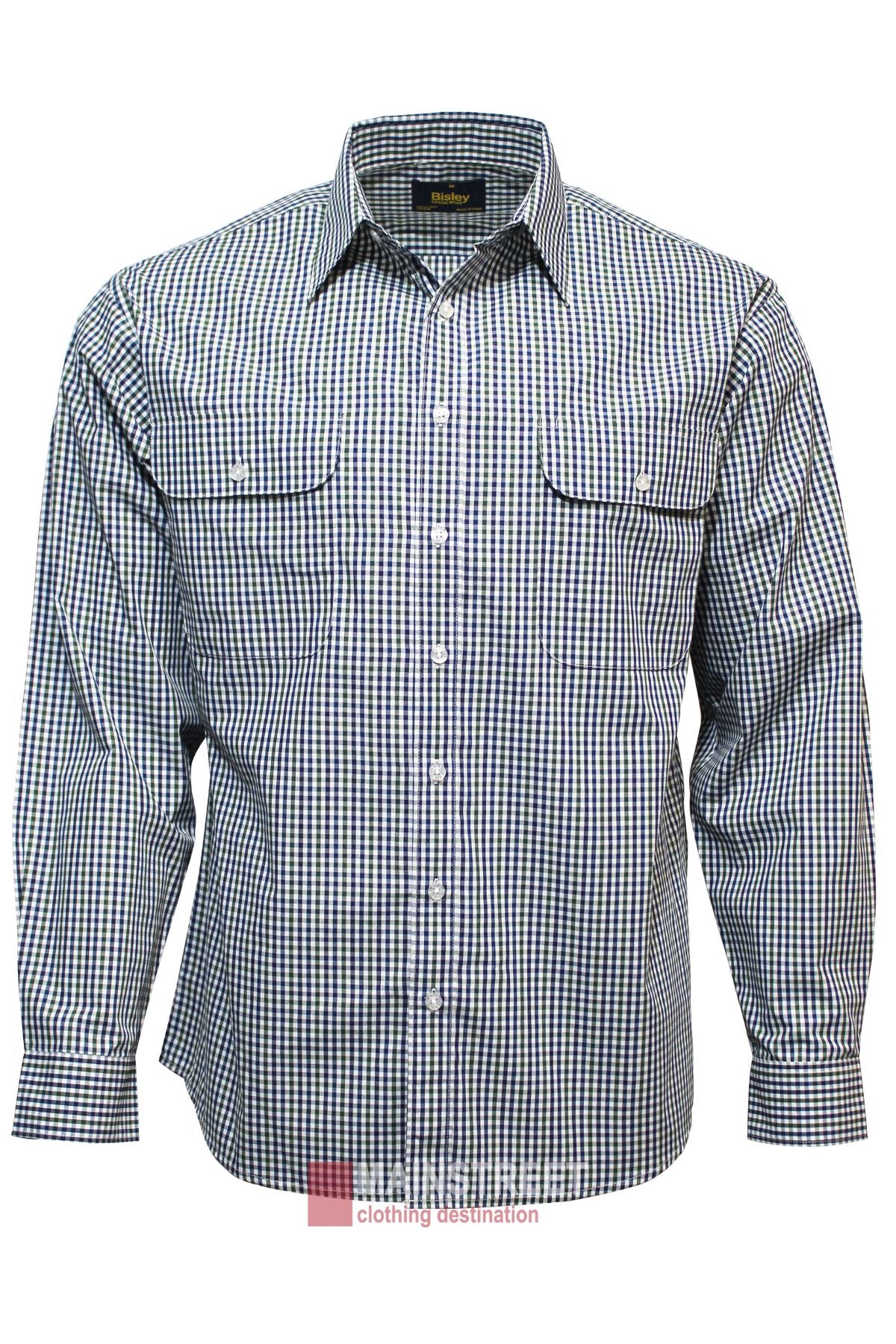 The Bisley Countryman Shirt is a long-sleeve button-up with a blue and white check pattern, two chest pockets with button flaps, and a classic collar, shown on a plain white background.