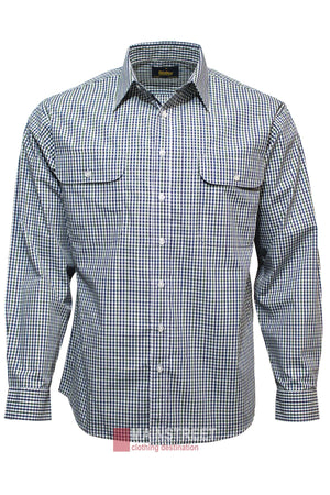 The Bisley Countryman Shirt is a long-sleeve button-up with a blue and white check pattern, two chest pockets with button flaps, and a classic collar, shown on a plain white background.