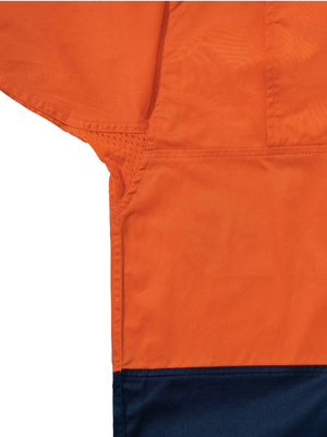 Close-up of the Bisley Hi Vis Cool Lightweight Drill Shirt in orange and navy, featuring visible stitching and underarm mesh panels. Its smooth fabric and bold color blocks make it perfect for summer workwear.