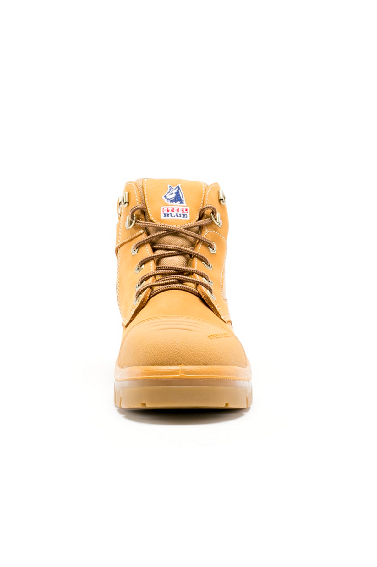 The Steel Blue Parkes Zip Scuff Cap Boot is a high-top, tan-colored work boot that showcases a rugged design with a sturdy sole, metal eyelets, and brown laces. It features a safety steel toe and includes a blue label with text on the tongue. Heat-resistant properties ensure the boot's durability, while the white background accentuates its details.