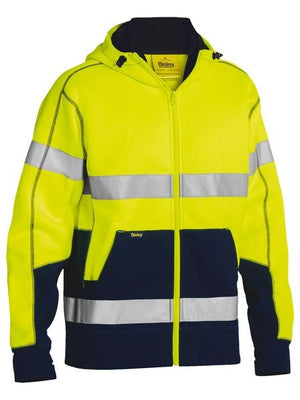 The Bisley Taped Hi Vis Fleece Hoodie is a durable yellow and navy hoodie with reflective taped hoop stripes on the chest, sleeves, and waist for improved safety and visibility.