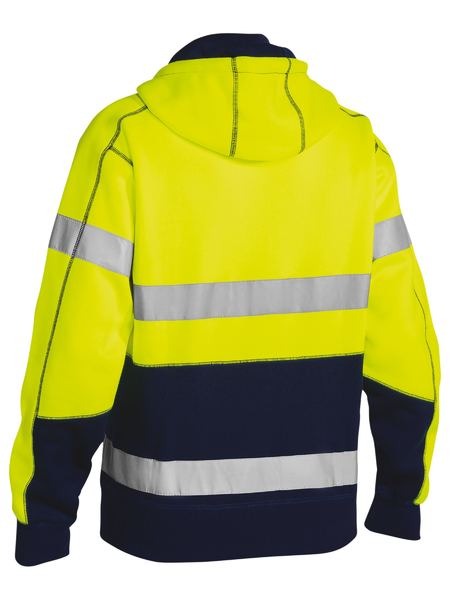 The Bisley Taped Hi Vis Fleece Hoodie in yellow and navy features a reflective taped hoop and two silver stripes on the back, body, and arms. Comfortable and hard-wearing, it ensures safety and high visibility.