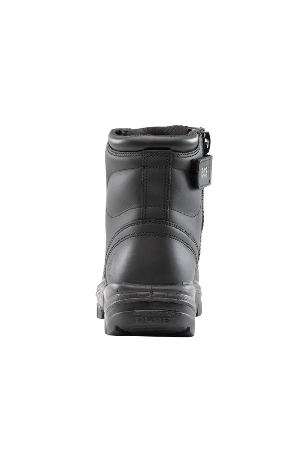 Rear view of the Steel Blue Argyle Zip Scuff Cap Boot, showcasing its black color with visible stitching and a rugged sole. The boot, reminiscent of those favored by construction workers, features a padded collar and a pull tab at the back for easier wearing.
