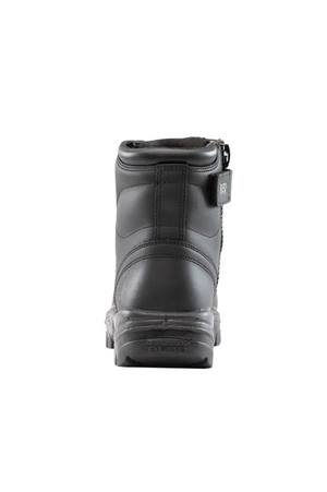 Rear view of the Steel Blue Argyle Zip Scuff Cap Boot, showcasing its black color with visible stitching and a rugged sole. The boot, reminiscent of those favored by construction workers, features a padded collar and a pull tab at the back for easier wearing.
