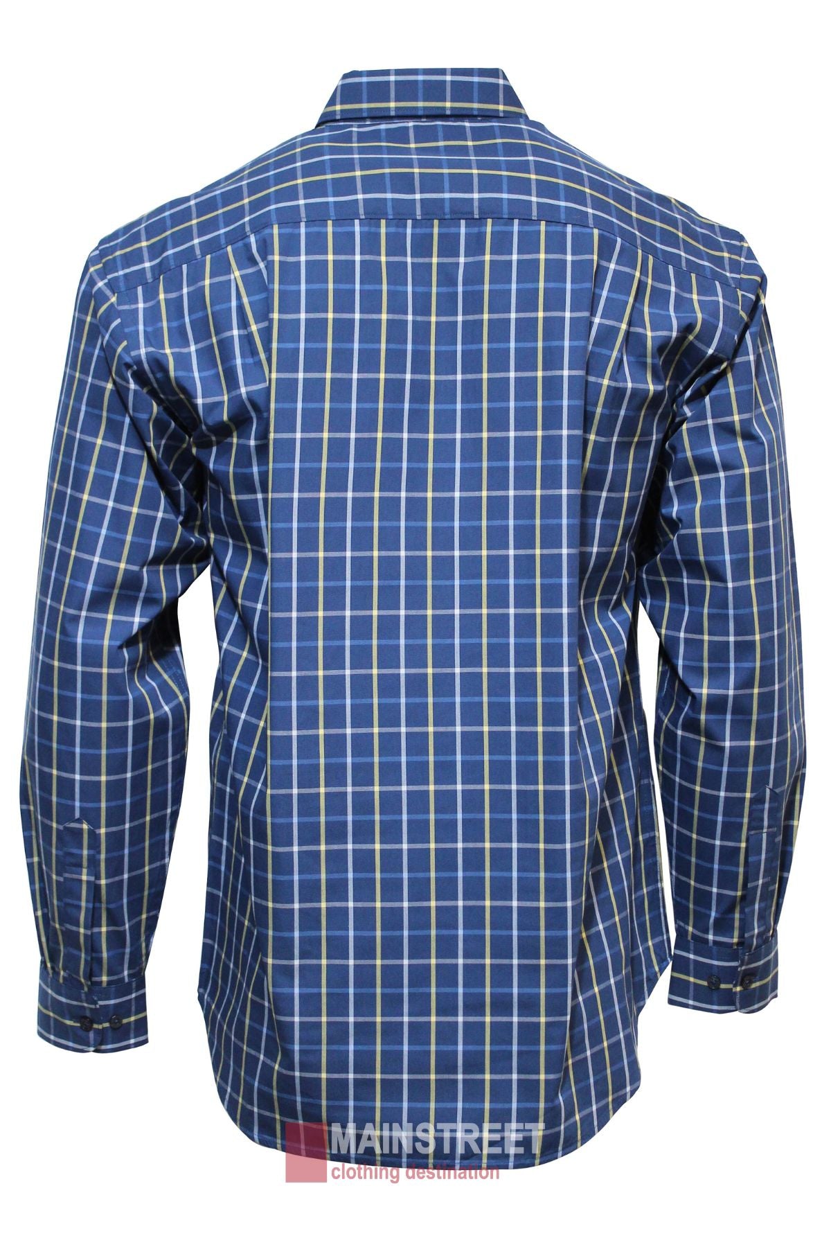 The Bisley Countryman Shirt is a long-sleeved, button-up shirt shown from the back in blue and white plaid, featuring a collar, cuffs, and the "MAINSTREET clothing destination" logo at the hem.
