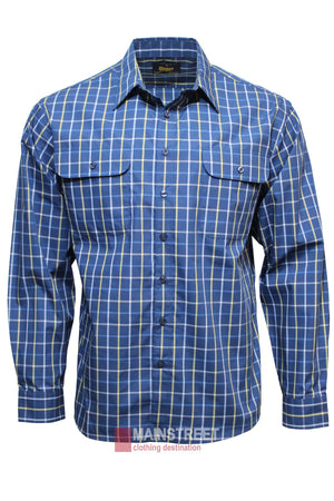 The Bisley Countryman Shirt is a classic long-sleeved shirt with a blue and white check pattern, collar, and two chest pockets with buttoned flaps, shown against a plain white background.