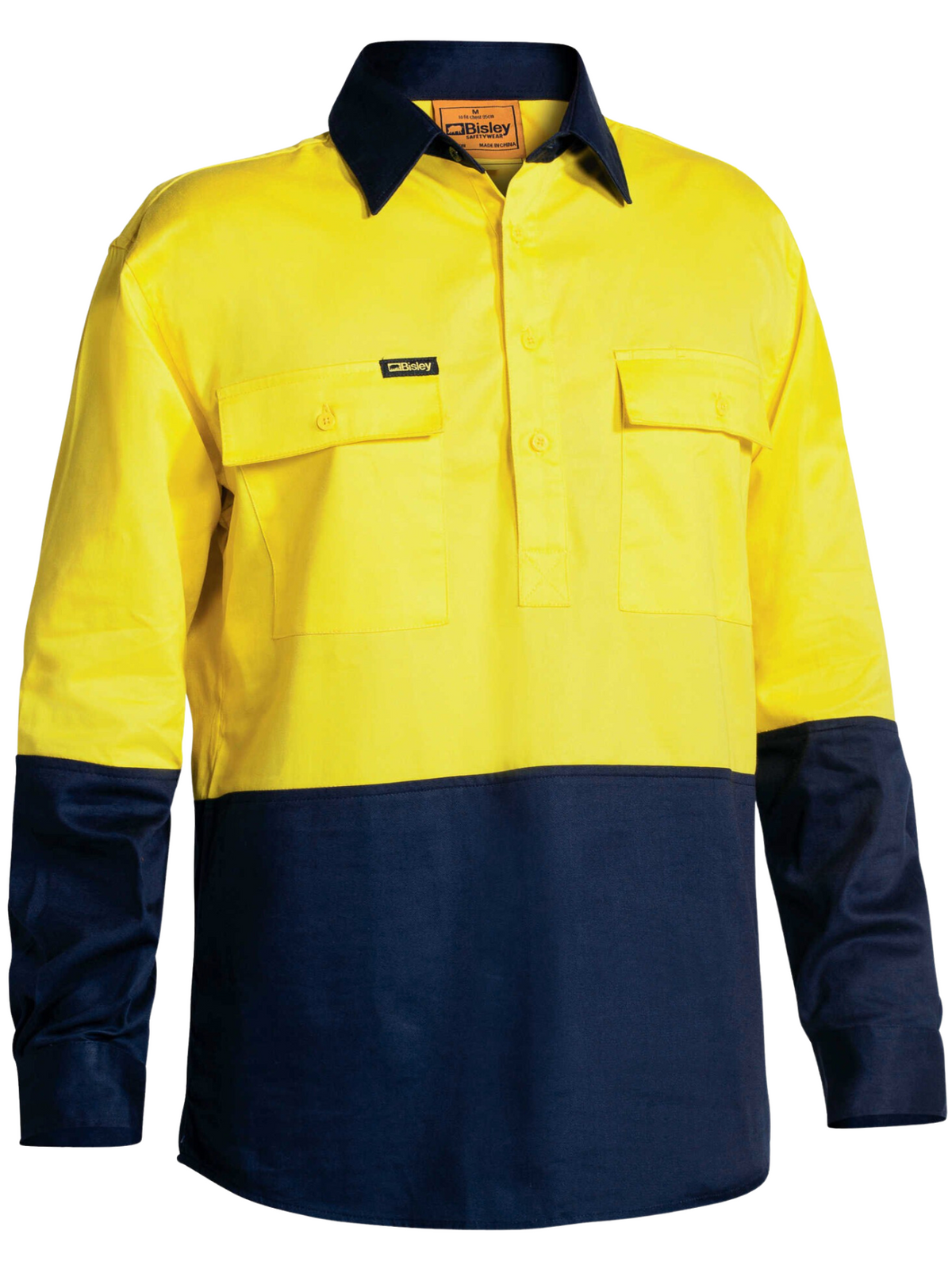 The Bisley Hi Vis Closed Front Drill Shirt is a long-sleeved, lightweight, breathable work shirt in bright yellow and dark navy with two buttoned chest pockets and a collar—ideal for safety at work.