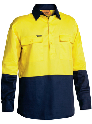 The Bisley Hi Vis Closed Front Drill Shirt is a long-sleeved, lightweight, breathable work shirt in bright yellow and dark navy with two buttoned chest pockets and a collar—ideal for safety at work.