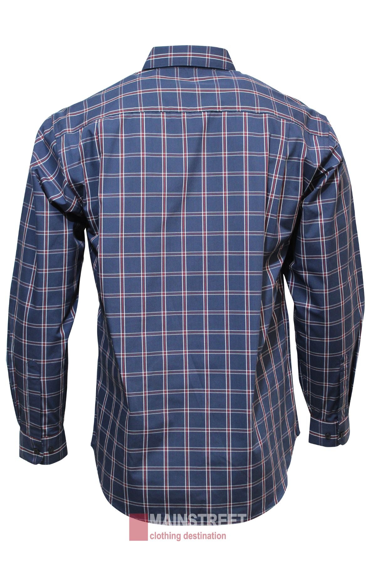Back view of the Bisley Countryman Shirt, featuring long sleeves and a blue base with white and red plaid, buttoned up and neatly pressed against a white background.