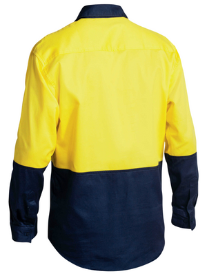 The Bisley Hi Vis Closed Front Drill Shirt features long sleeves, a yellow upper and dark navy lower section, collar and cuffs, plus lightweight breathable fabric for comfort and high visibility. Shown from the back.