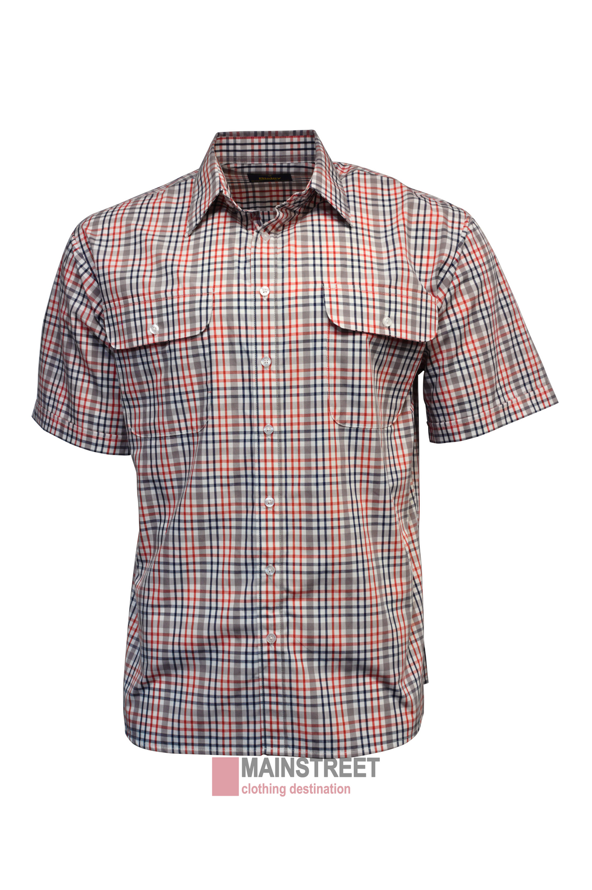 The Bisley Countryman Short Sleeve Shirt features a red, blue, and white plaid design, made from a comfy polyester/cotton blend with short sleeves and buttoned chest pockets with flaps.