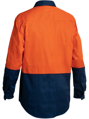 The Bisley Hi Vis Closed Front Drill Shirt offers safety and style with its long sleeves, orange upper half, and navy blue lower half. Made from lightweight fabric, it features buttoned cuffs and a straight hem for comfort without compromising visibility or professionalism.