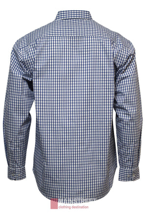 The Bisley Countryman Shirt features long sleeves and a blue and white checkered button-up design, displayed from the back on a white background.