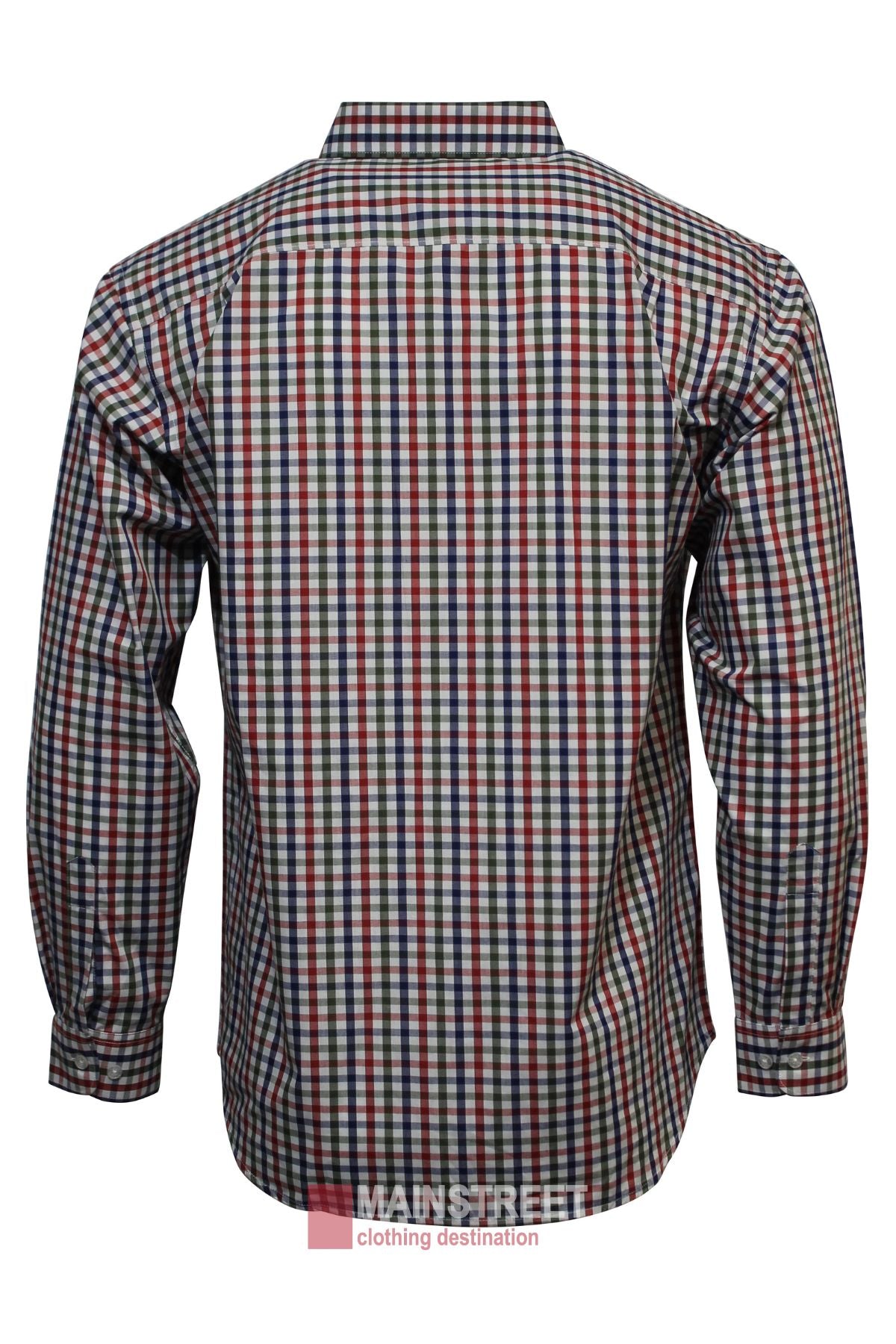 The Bisley Countryman Shirt features long sleeves, buttoned chest pockets, and a red, blue, black, and white checkered pattern, displayed from the back on a plain white background.