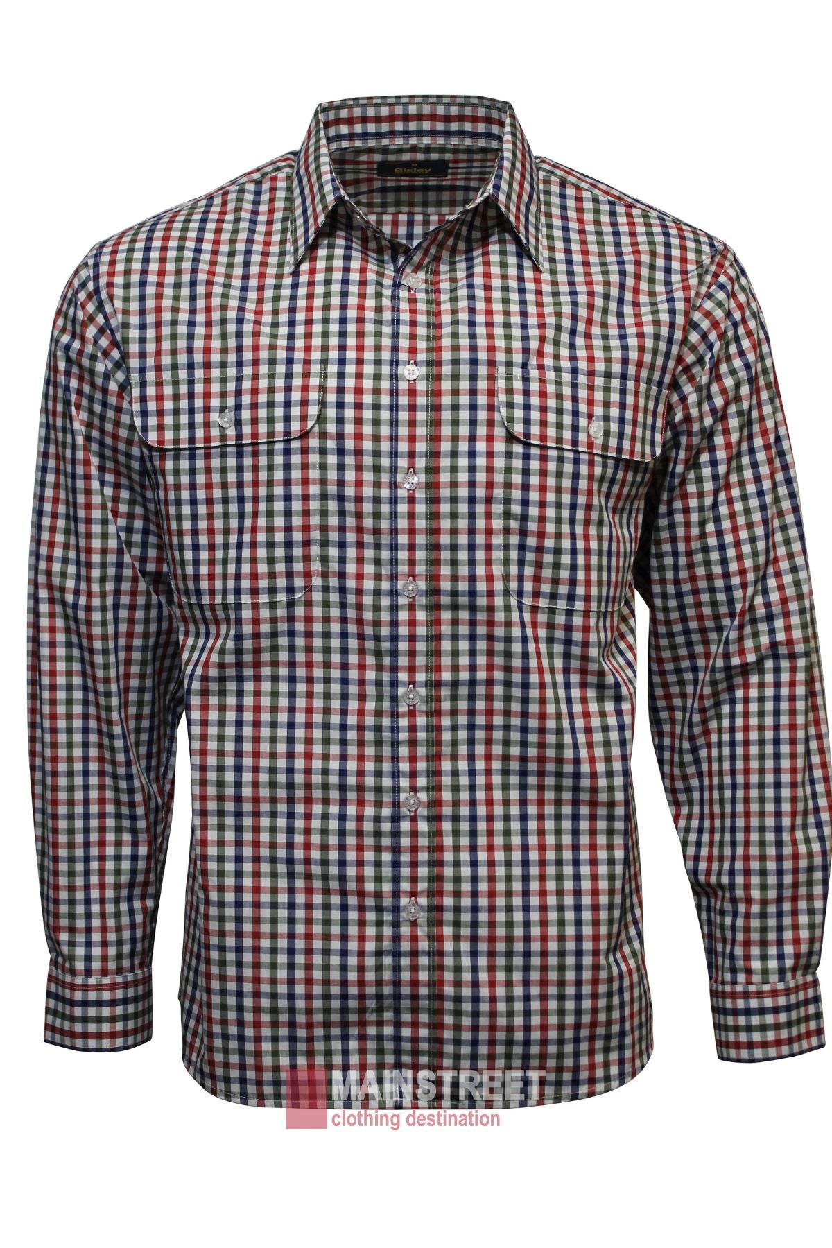 The Bisley Countryman Shirt is a long-sleeve, multicolored checkered shirt in blue, red, white, and green with buttoned chest pockets for style and functionality, shown on a white background.