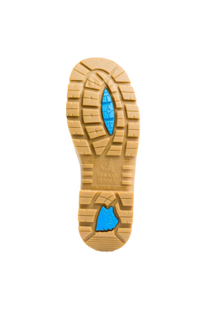 A close-up view of the sole of a Steel Blue Parkes Zip Scuff Cap Boot in tan, showcasing two blue inserts at the heel and arch area. The sole is designed with multiple grooves and tread patterns for exceptional grip and traction, while its water-resistant leather ensures durability in various conditions.