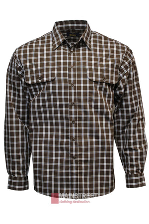 The Bisley Countryman Shirt (BS70419) is a long-sleeve, button-up shirt in brown, white, and blue plaid with two front chest pockets.