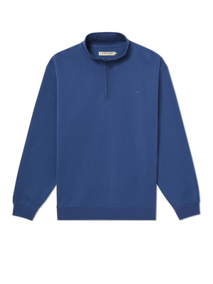 The RM Williams Mulyungarie Fleece is a blue, vintage-inspired quarter-zip pullover with long sleeves and a small embroidered chest logo. It boasts a high collar and ribbed cuffs, elegantly set against a plain white background.