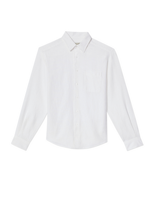 The RM Williams Coalcliff Shirt is a white long-sleeve, 100% linen button-up with a crisp collar and practical chest pocket, set on a plain background.