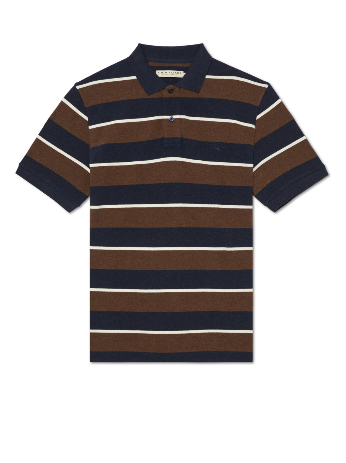 The RM Williams Rod Polo is a short-sleeved cotton pique shirt with a collar, button placket, and navy blue, brown, and white horizontal stripes on a white background, finished with subtle longhorn embroidery.
