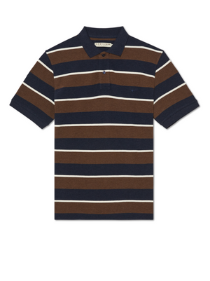 The RM Williams Rod Polo is a short-sleeved cotton pique shirt with a collar, button placket, and navy blue, brown, and white horizontal stripes on a white background, finished with subtle longhorn embroidery.