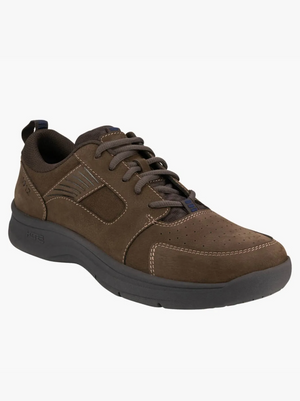The Florsheim Mac Mocc Ox Lace is a brown casual sneaker with a suede finish and black rubber sole, featuring brown laces, perforated toe details, and decorative stitching. With KORE technology for added comfort, the logo is embossed on the side near the heel.