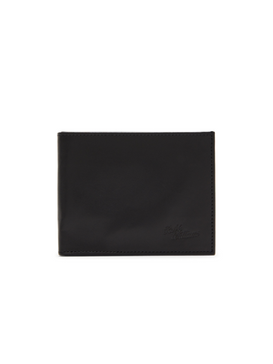 The RM Williams Singleton Bi-fold Wallet, crafted from black calf leather with subtle edge stitching and an embossed signature in the bottom right corner, features RFID protection. It is shown closed against a plain white background.