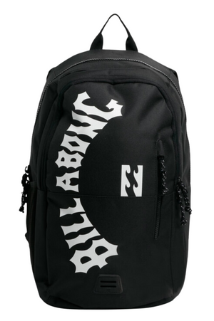 The Billabong Norfolk Backpack is made from recycled polyester and showcases the brand name in a bold, white stylized font curved along the upper half of the front pocket. It features multiple zipper pockets and black drawstring pulls, with a small white logo positioned below the brand name.