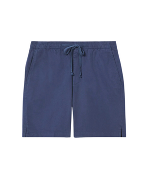 The RM Williams R.M.W Rugby Short is a pair of navy blue shorts that boasts an elastic waistband with an adjustable drawstring and convenient side pockets. These relaxed style shorts feature a simple design, including small slits at the bottom of the side seams. Made from lightweight stretch cotton twill fabric, they are perfect for casual wear.