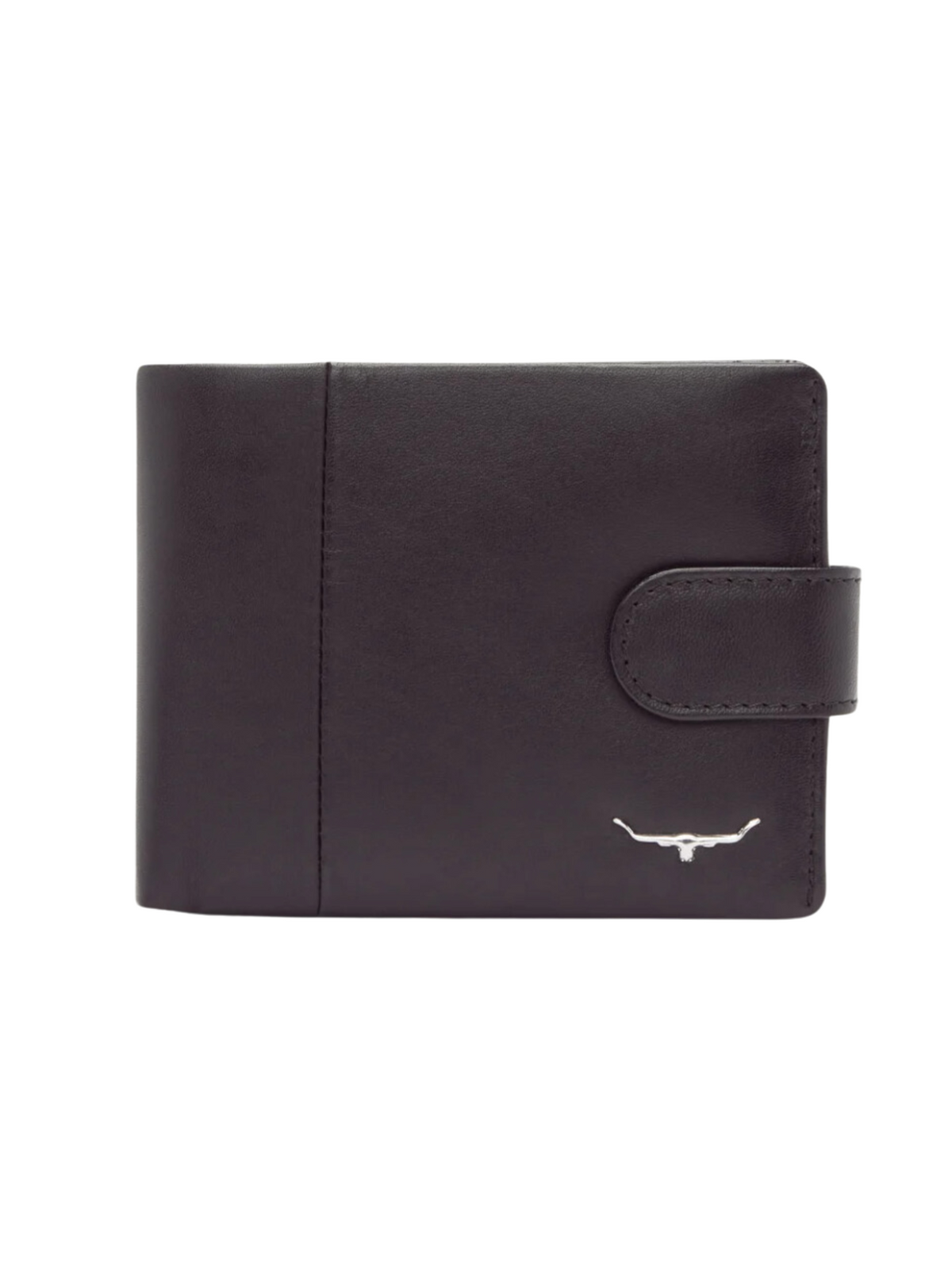The RM Williams Wallet with Coin Pocket and Tab is a sleek and minimalist black Yearling leather bi-fold wallet, featuring a snap closure and a silver longhorn emblem on the front.