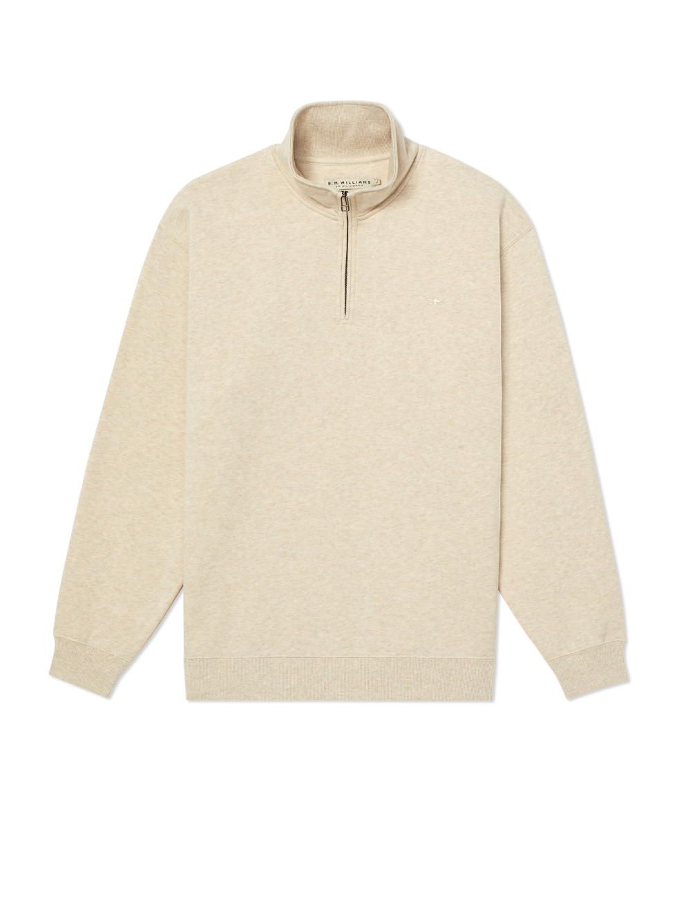 The RM Williams Mulyungarie Fleece is a beige long-sleeve quarter-zip sweatshirt in soft brushed cotton fleece with a high collar, ribbed cuffs and hem, and a subtle chest logo. It is shown laid flat on a white background.