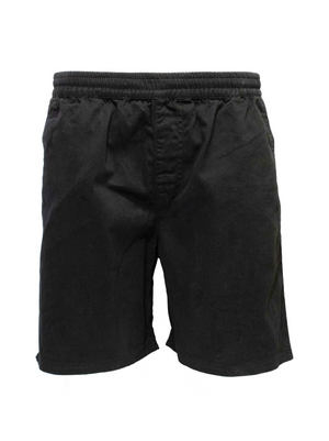 The Pilgrim Twill Rugger Short in black is crafted from soft cotton with an elastic waistband and tailored side pockets, set against a plain white background.