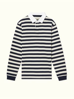 The RM Williams Tweedale Rugby is a heavyweight jersey knit shirt with horizontal black and white stripes, a cotton twill collar, and black cuffs, shown laid flat on a light background.