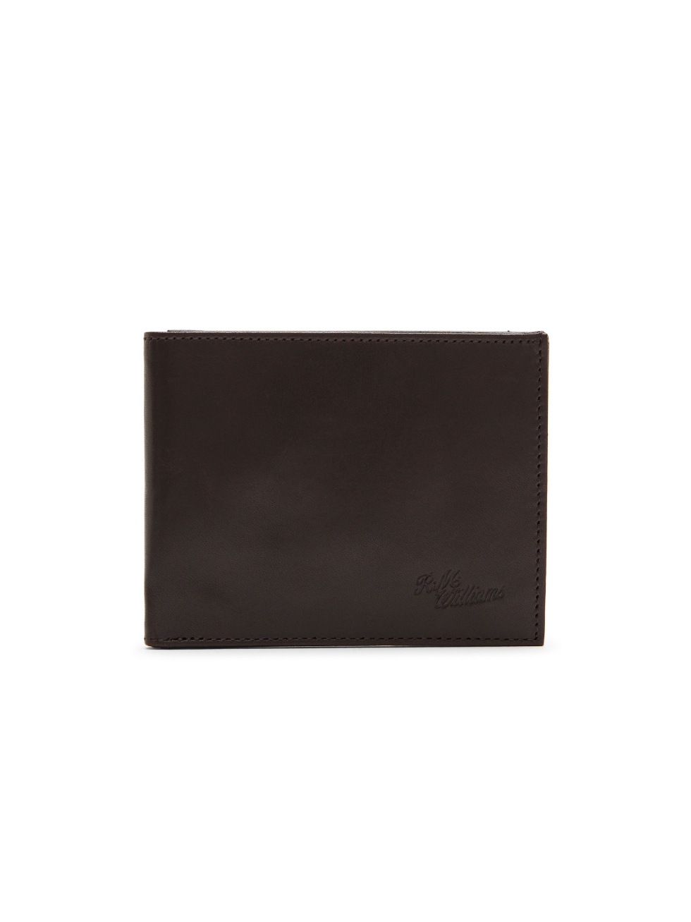 The RM Williams Singleton Bi-fold Wallet, in closed dark brown calf leather with subtle stitching, has a small embossed logo on the bottom right and features RFID protection. Displayed against a white background.