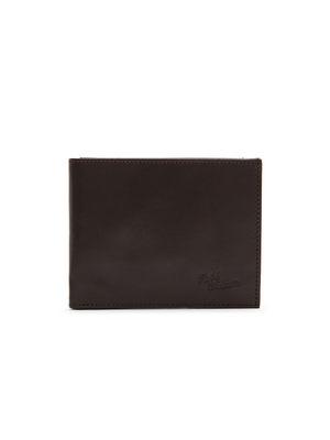 The RM Williams Singleton Bi-fold Wallet, in closed dark brown calf leather with subtle stitching, has a small embossed logo on the bottom right and features RFID protection. Displayed against a white background.
