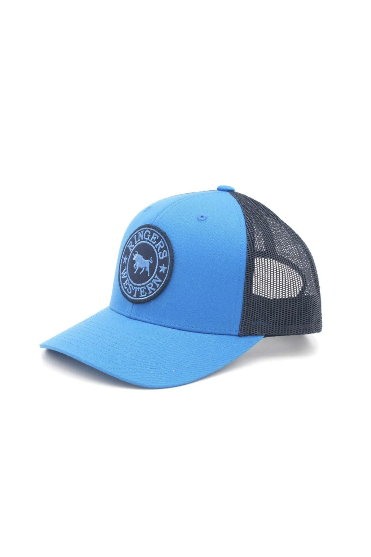 The Ringers Western Signature Bull Trucker Cap features a cotton twill front with a circular patch of a horse silhouette and "Ringers Western" text, plus a breathable mesh back for comfort, blending style and practicality for any outing.