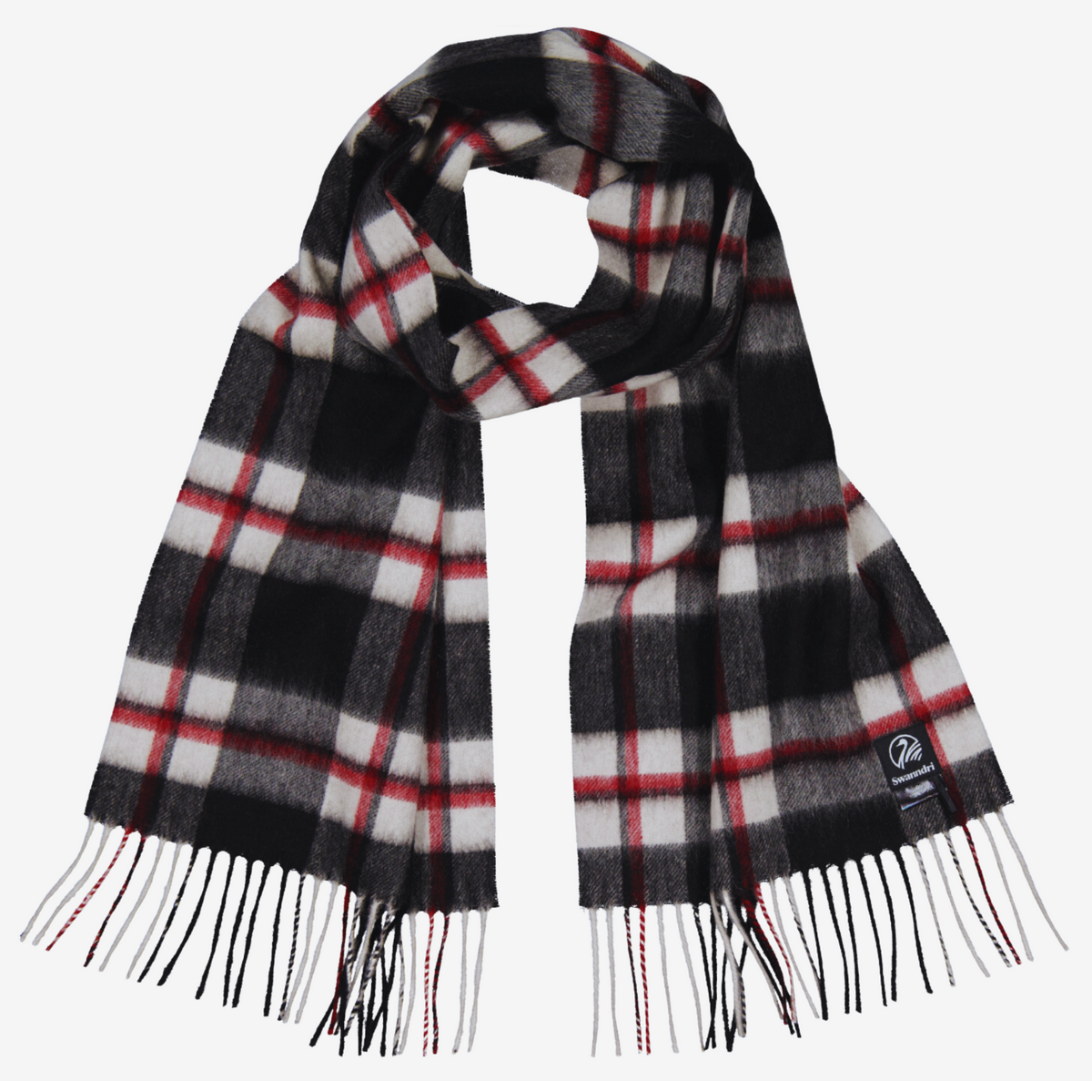 The Swanndri The Scarfie, crafted from brushed wool in black, white, and red plaid with fringed ends and a stitched label, is shown against a white background.