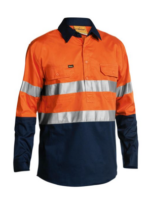 The Bisley Taped Hi Vis Closed Front Cool Lightweight Shirt is a high-visibility long-sleeve work shirt featuring bright orange on the upper half and dark blue on the lower half and sleeves. It includes reflective silver horizontal stripes across the chest and arms, front pockets with flaps, and a button-up front.