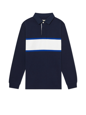 The RM Williams Tweedale Rugby is a navy blue long-sleeve polo shirt with a classic rugby silhouette, featuring a white horizontal stripe bordered by thin blue lines across the chest, a collar, and buttoned placket.