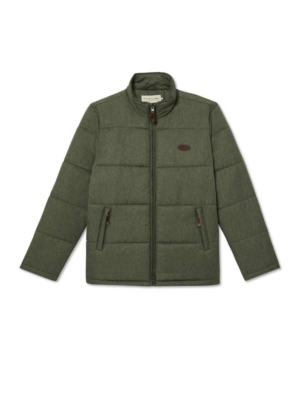 The RM Williams Patterson Creek Jacket in olive green is a water-resistant quilted puffer with a high collar and zip closure, featuring two front zippered pockets and a circular logo on the chest.