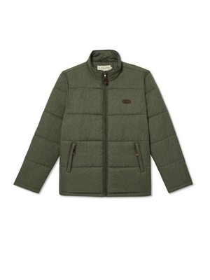 The RM Williams Patterson Creek Jacket in olive green is a water-resistant quilted puffer with a high collar and zip closure, featuring two front zippered pockets and a circular logo on the chest.