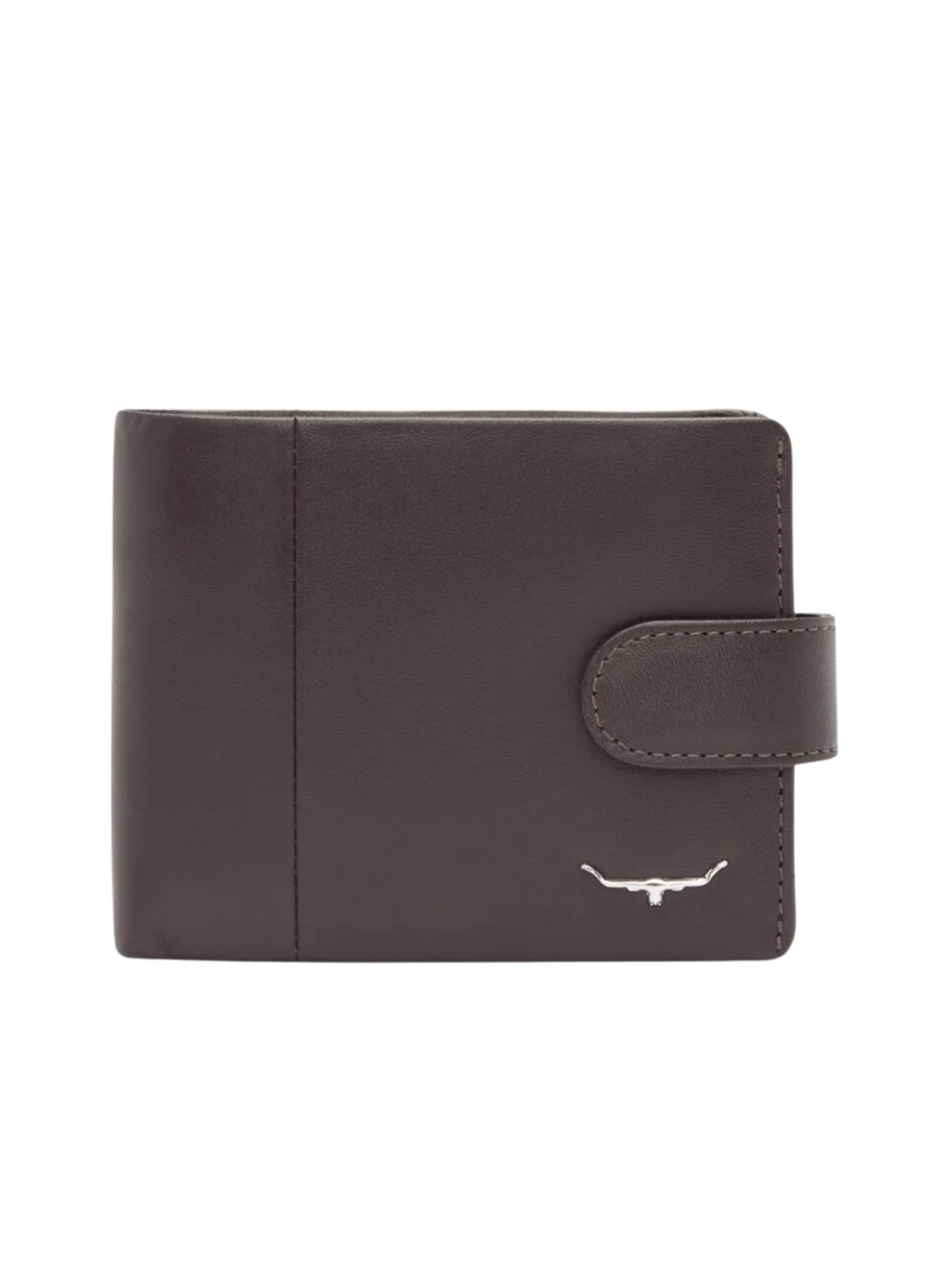 A brown leather Yearling RM Williams wallet, featuring a snap button closure and a small nickel longhorn embellishment near the bottom right corner, is also known as the RM Williams Wallet with Coin Pocket and Tab.