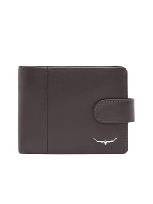 A brown leather Yearling RM Williams wallet, featuring a snap button closure and a small nickel longhorn embellishment near the bottom right corner, is also known as the RM Williams Wallet with Coin Pocket and Tab.