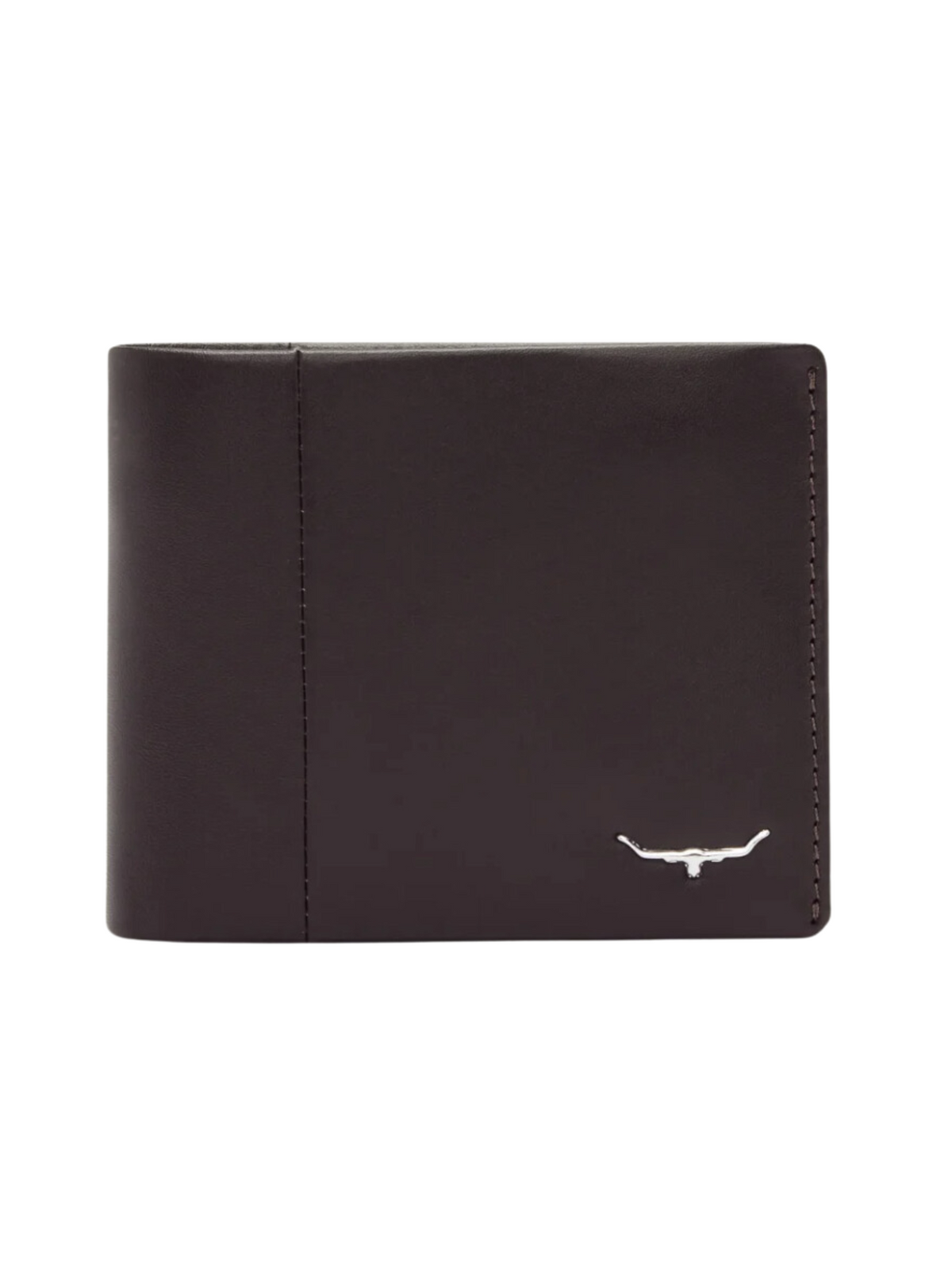 The RM Williams Wallet with Coin Pocket is a dark brown yearling leather bi-fold wallet with minimal stitching and a small silver longhorn emblem in the bottom right corner.