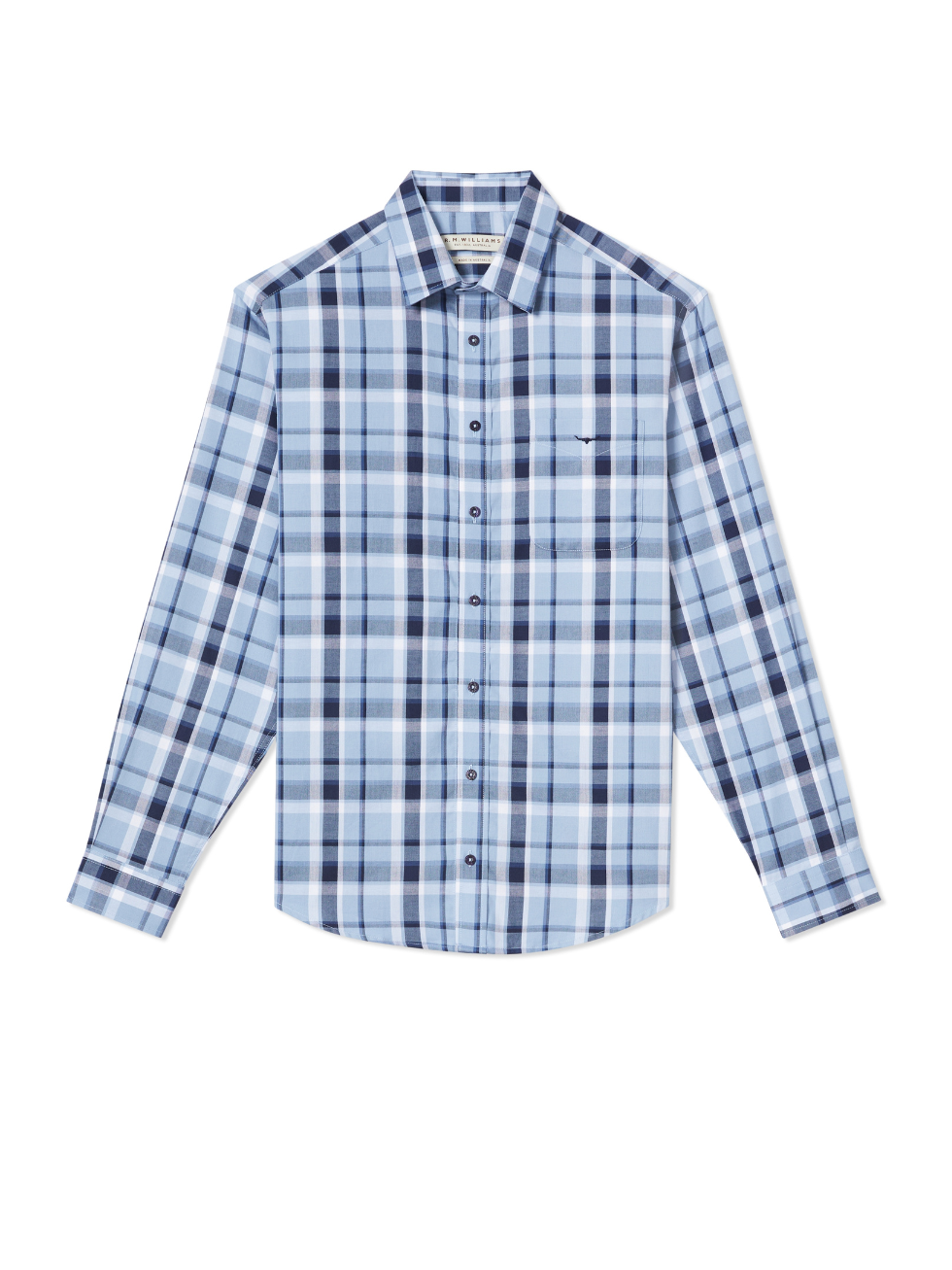 The RM Williams Collins Shirt is a long-sleeved, lightweight cotton twill button-up in blue and white plaid, featuring adjustable cuffs, a left chest pocket, and a pointed collar.