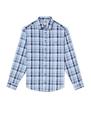 The RM Williams Collins Shirt is a long-sleeved, lightweight cotton twill button-up in blue and white plaid, featuring adjustable cuffs, a left chest pocket, and a pointed collar.