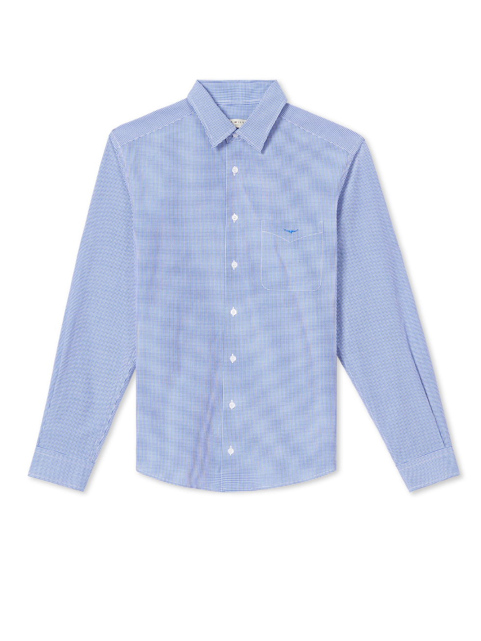 The RM Williams Coalcliff Shirt is a long-sleeved, light blue shirt crafted from 100% linen with a small checkered pattern, a collar, chest pocket, and subtle longhorn embroidery.