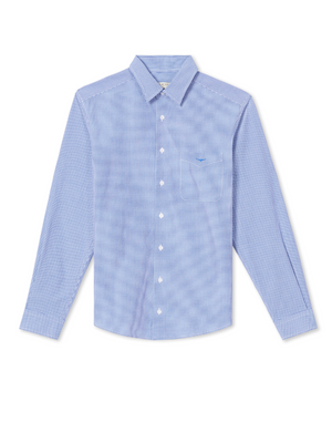 The RM Williams Coalcliff Shirt is a long-sleeved, light blue shirt crafted from 100% linen with a small checkered pattern, a collar, chest pocket, and subtle longhorn embroidery.